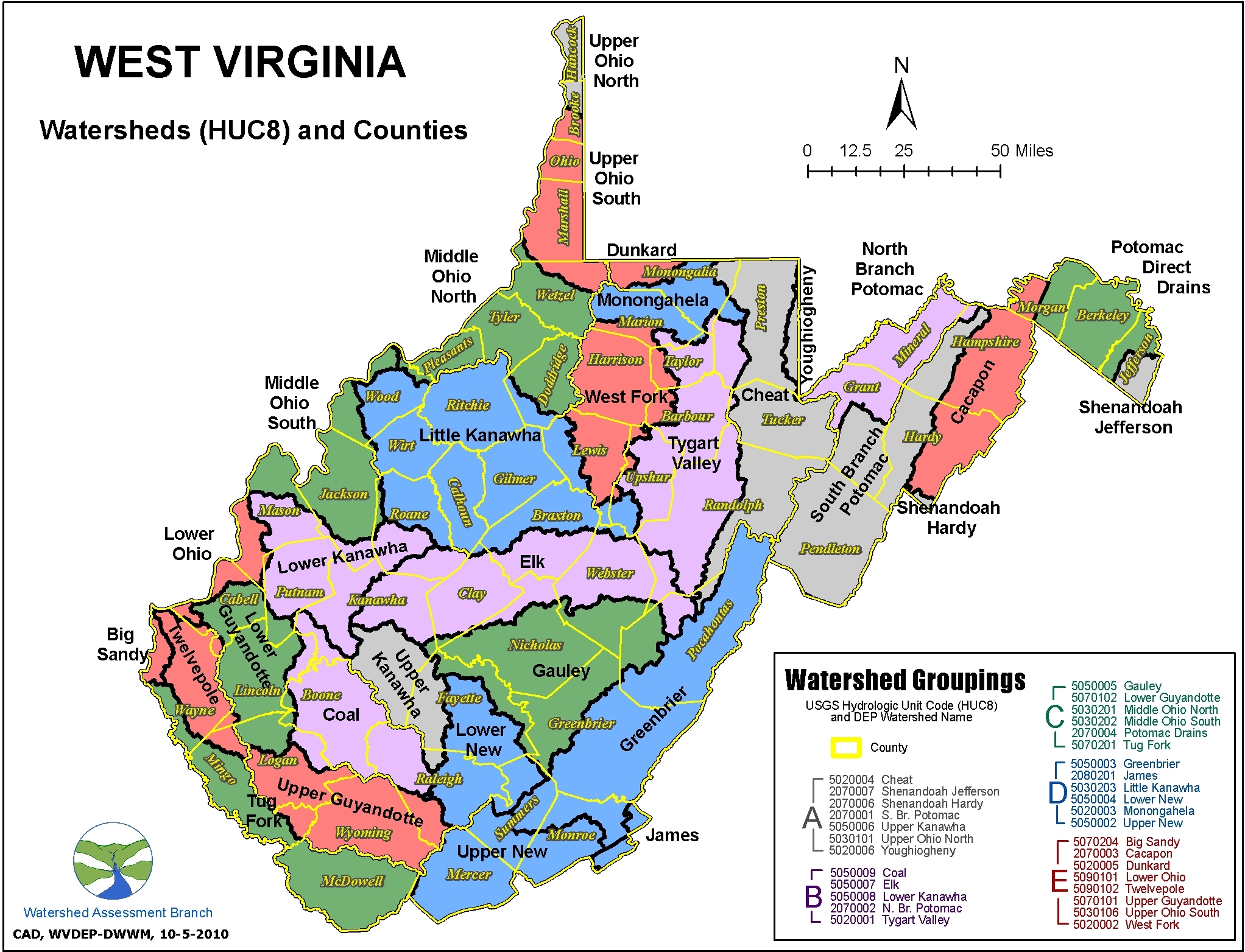 Map of West Virginia HUC8 Watersheds