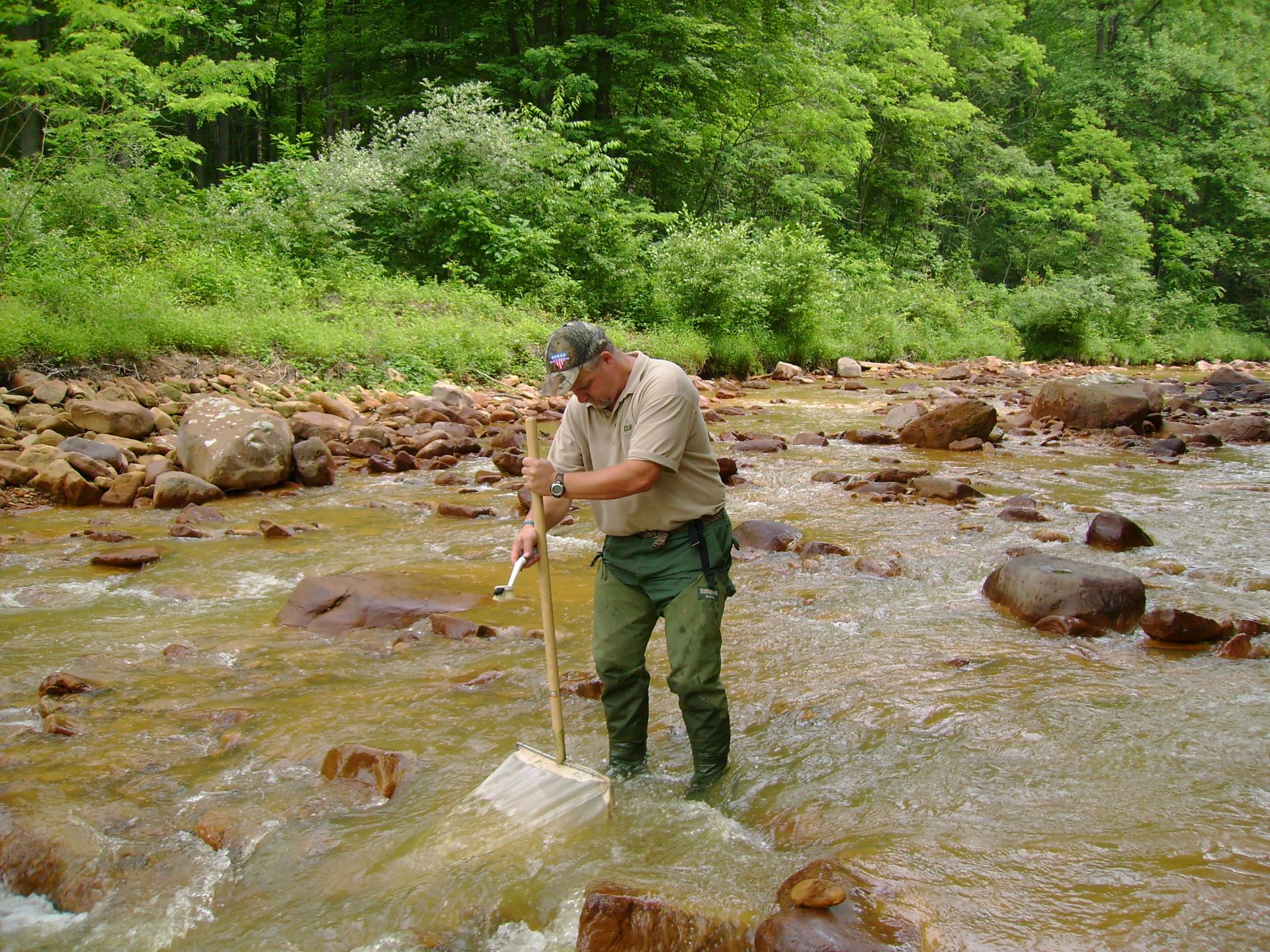 An inspector takes a sample from the middle of a creek.